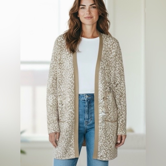 J. Crew Sweaters - J. Crew Cream and Tan Animal Print Cardigan Size XL